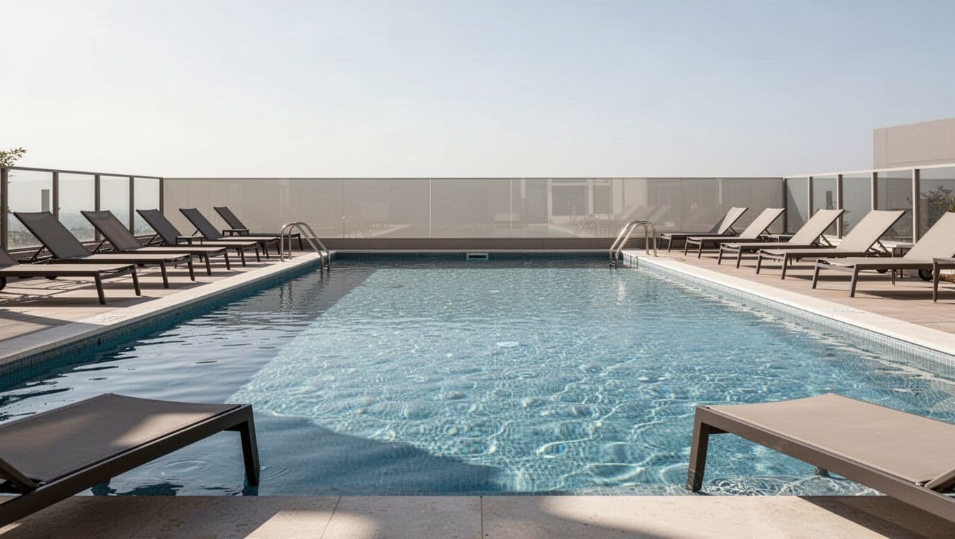Outdoor swimming pool at Fairfield Inn Atmore hotel with lounge chairs, clear blue water, and sunny daylight, featuring a bold 'Family Pools' headline in a green band.