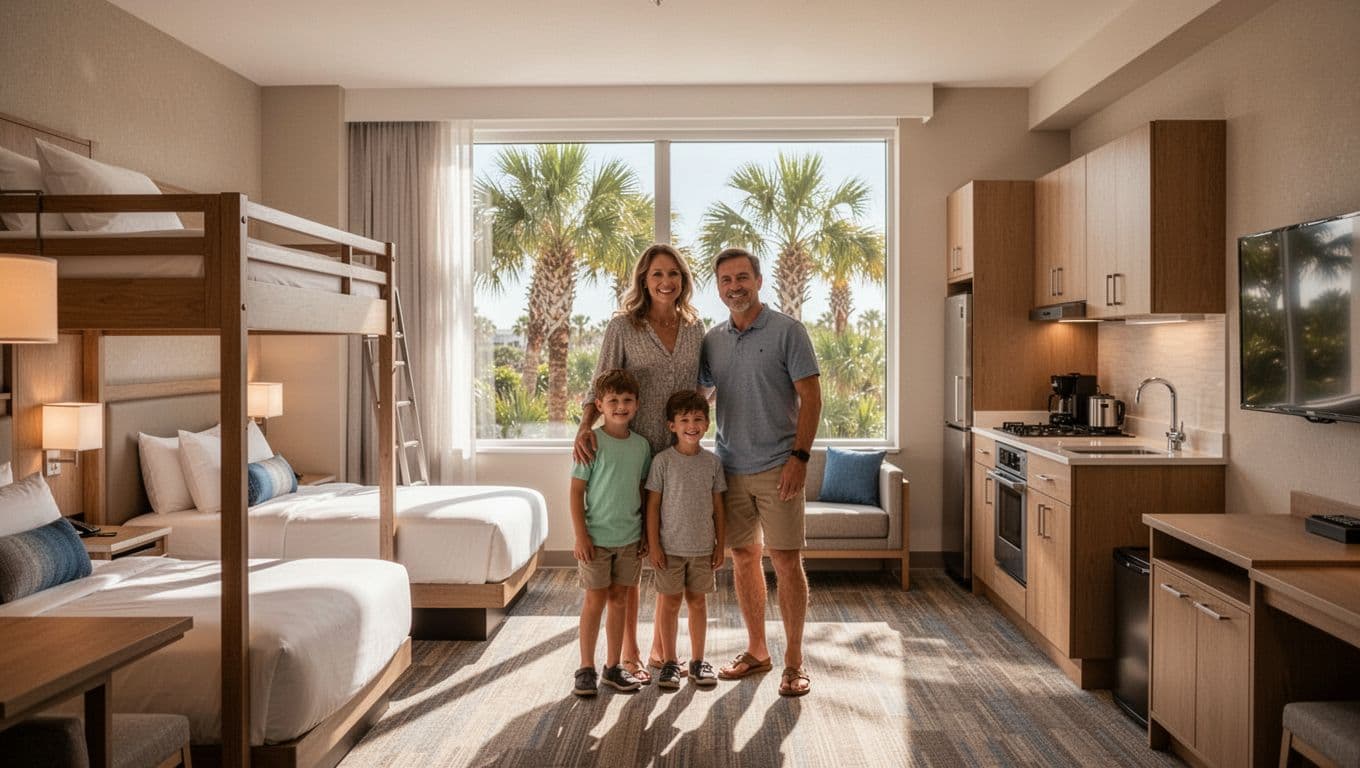 A family of four checks into a spacious suite at Fairfield Inn & Suites Orlando at SeaWorld, featuring bunk beds, kitchenette, and Orlando palm view, with relaxed foreground poses under warm lighting and a bold green header.