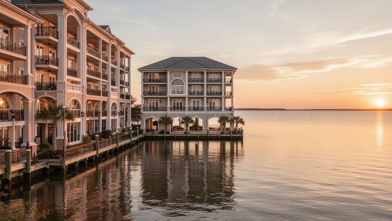 Centered bayfront hotel in Fairhope overlooks calm Mobile Bay at sunset, with bold 'BAY VIEWS' on green band above.