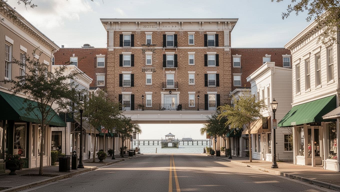 Historic hotel exterior on downtown Fairhope street near shops, Mobile Bay pier in background, green 'DOWNTOWN WALK' banner at top.