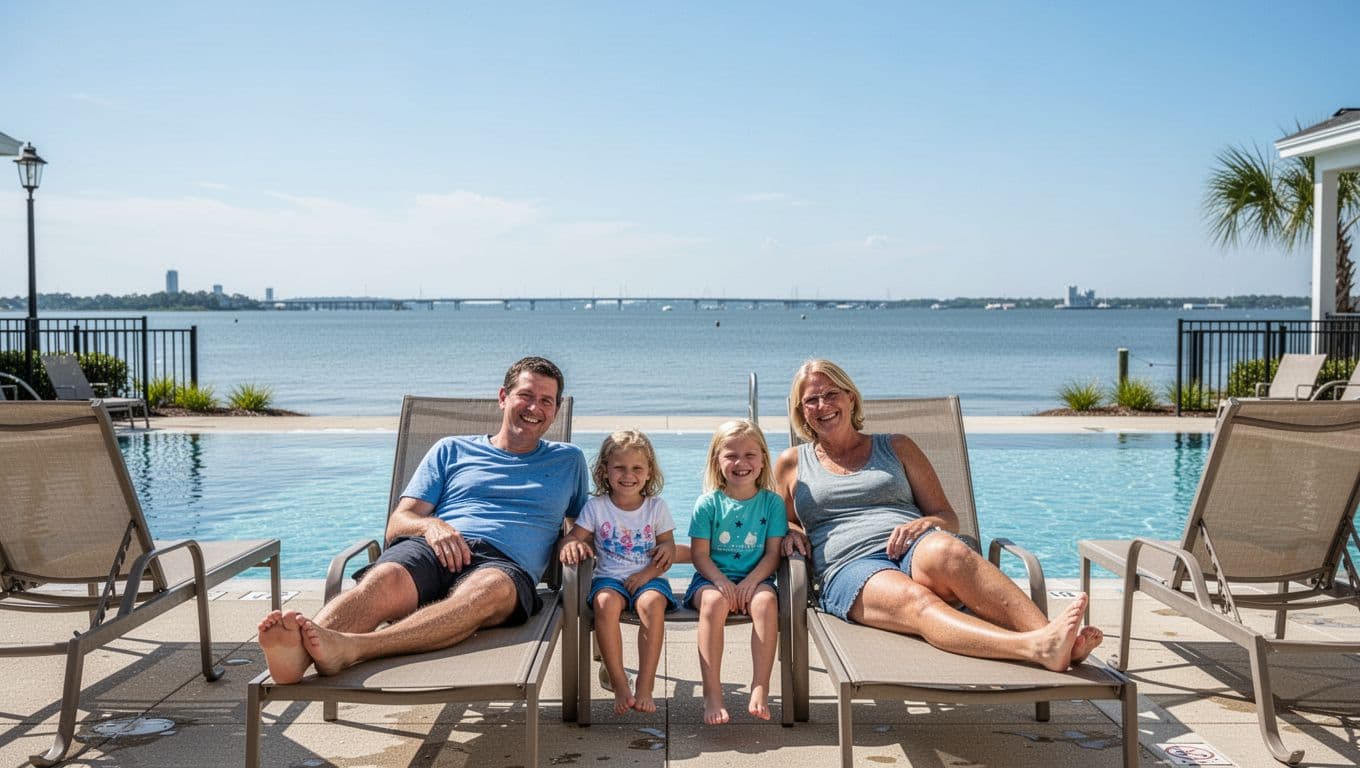 Two adults and two children relax by outdoor hotel pool, Mobile Bay distant, green FAMILY STAYS banner top.