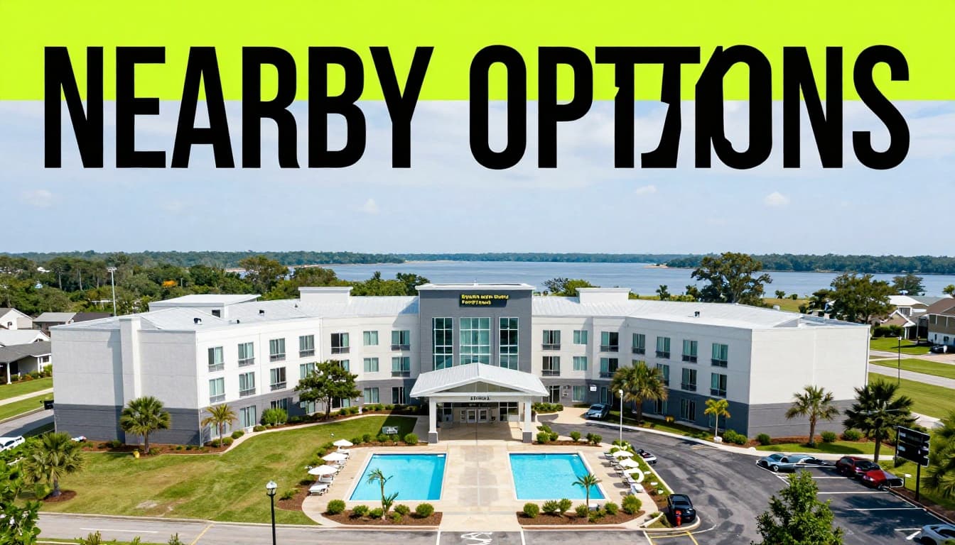 Modern hotel exterior shows front entrance, pool, parking lot, and distant bay view under green 'NEARBY OPTIONS' headline band.