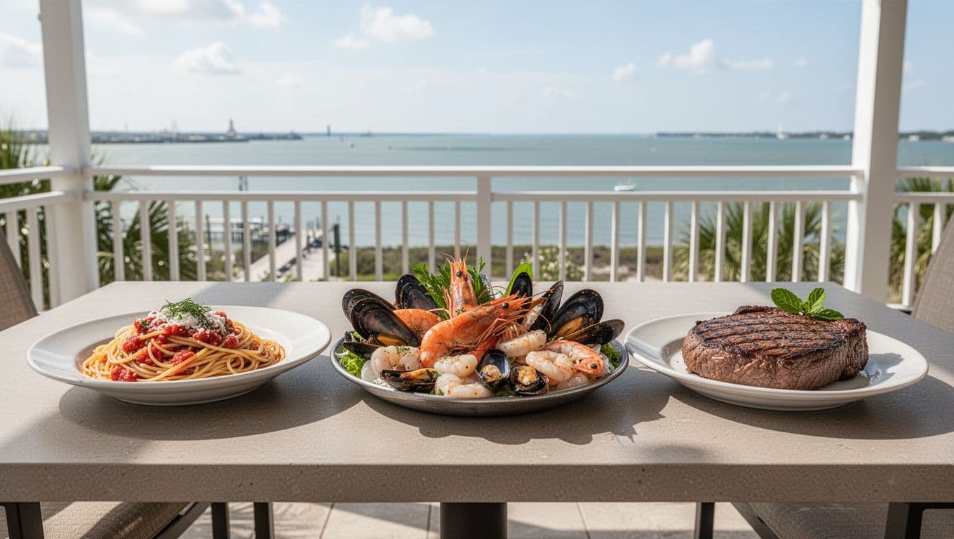 Assortment of Italian pasta, fresh seafood platter, and steak from Fairhope restaurants on a shared table in a bright outdoor patio overlooking Mobile Bay.