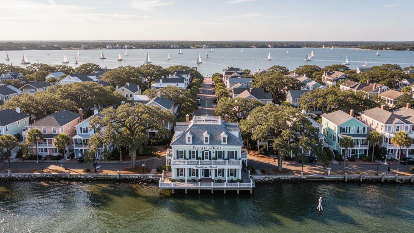 Aerial view of charming Fairhope waterfront town featuring oak-lined streets, bay views, boutique hotels, pastel houses, and sailboats on calm water under sunny afternoon light.