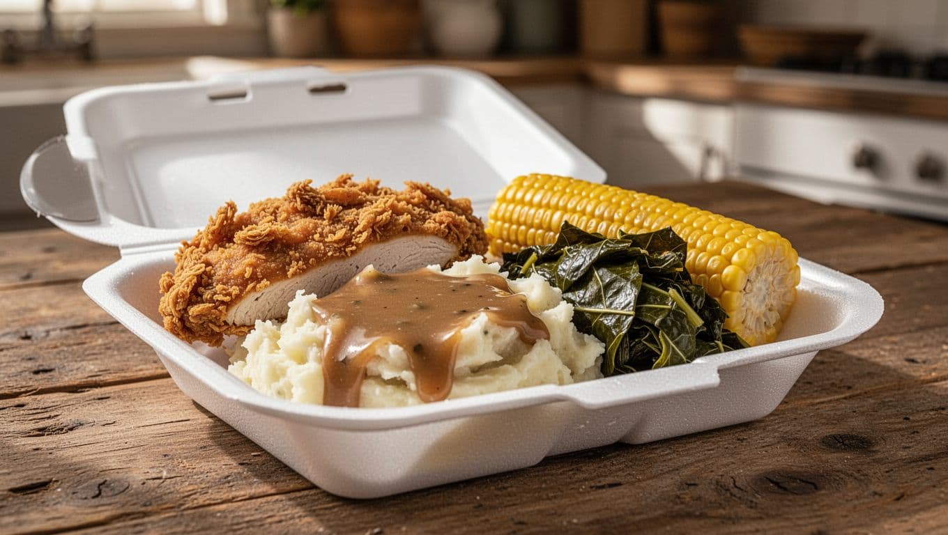 Styrofoam container on wooden table with fried chicken, mashed potatoes with gravy, collard greens, corn on cob, and top green 'Faith Kitchen Plate' banner.