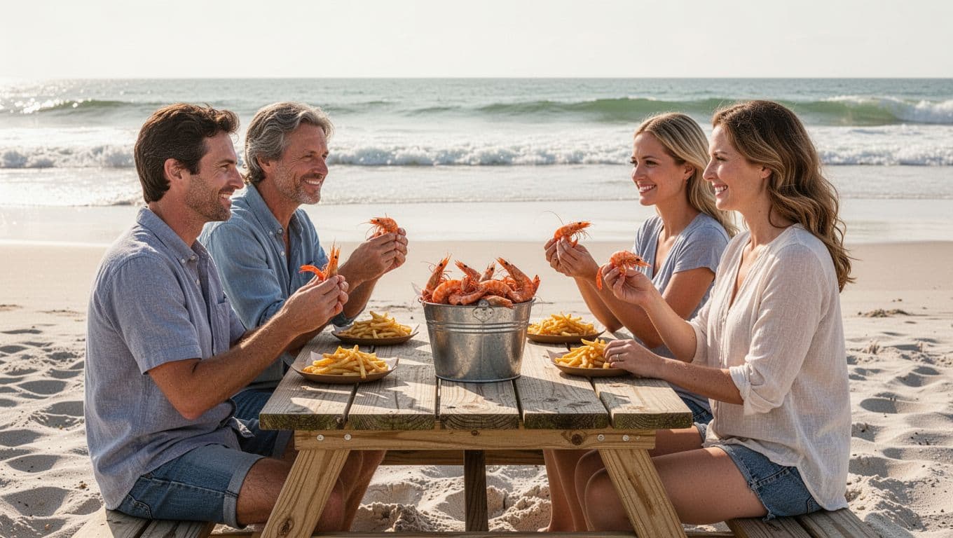 Family of four eats shrimp from bucket at beach picnic table, waves behind, 'Casual Family Spots' headline above.