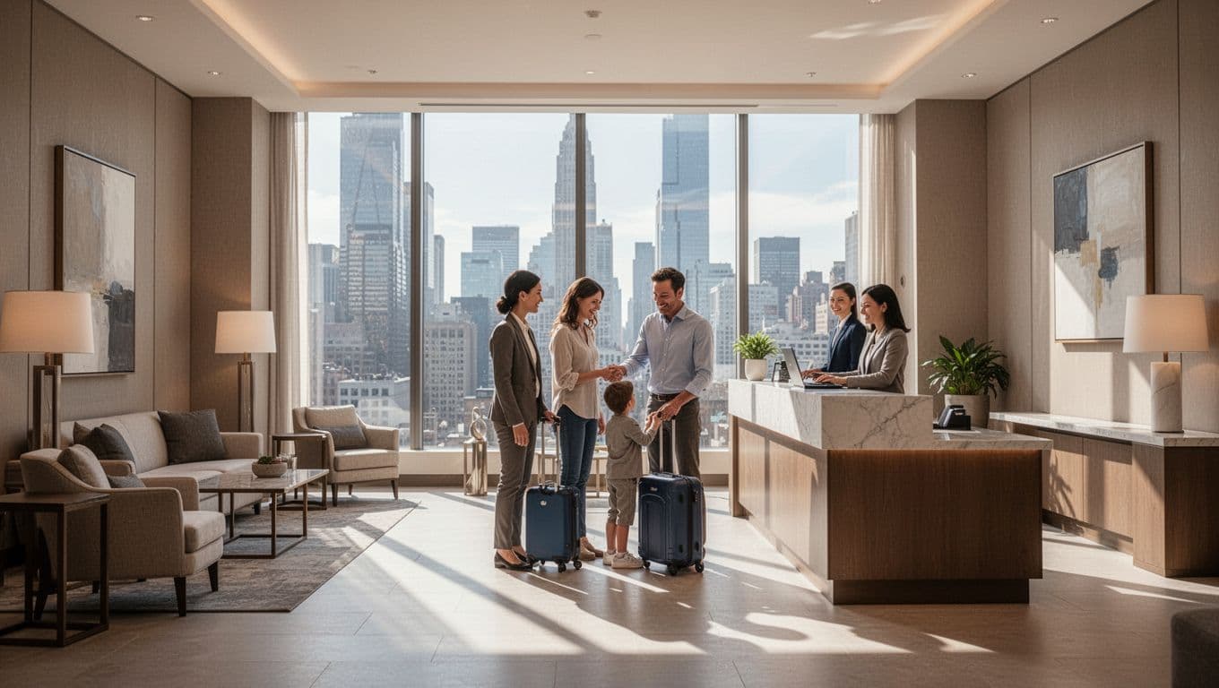 Modern hotel lobby interior featuring a family of two adults and one child checking in at the reception desk with luggage, in a relaxed atmosphere with natural daylight through large city-view windows. Photorealistic image with neutral tones, centered focal family, and a top green band displaying 'FAMILY STAYS' headline.