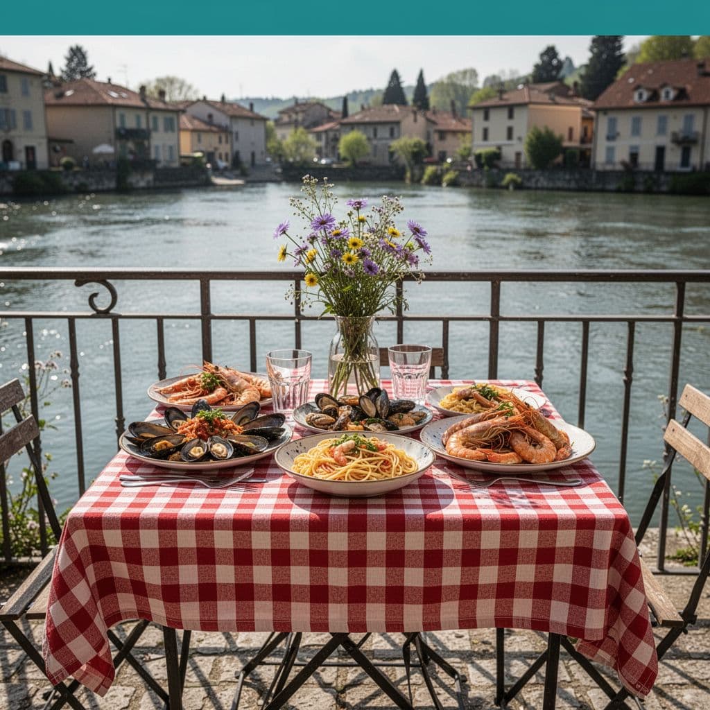Casual family dining scene at a riverside restaurant in the Anniston area, featuring seafood platters and pasta on a checkered tablecloth on an outdoor patio overlooking the water.