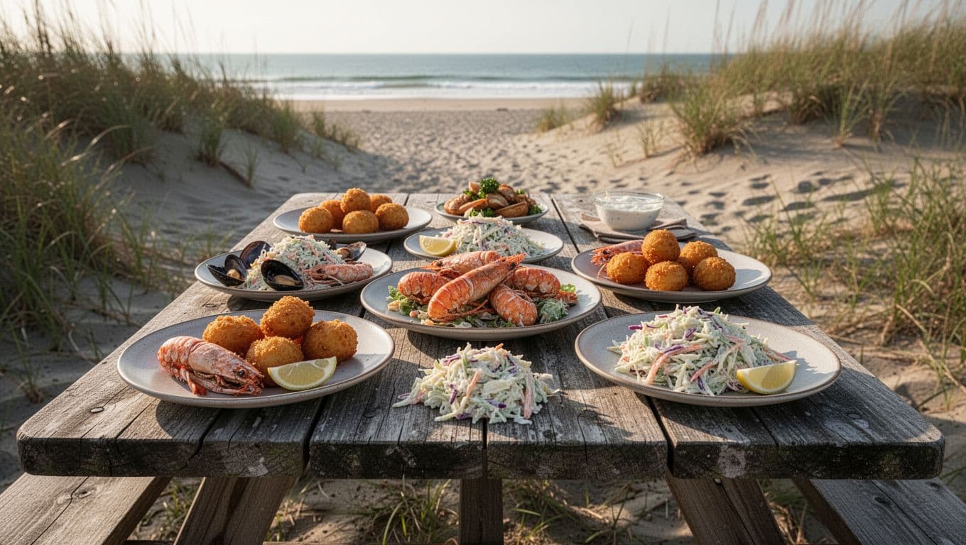 A family-style picnic table spread with casual seafood plates, hush puppies, and coleslaw near beach dunes in a shaded outdoor area with grass and sand backdrop, under soft afternoon sunlight. Bold 'Family Favorites' headline in green band at top, focused solely on food and utensils, no people.