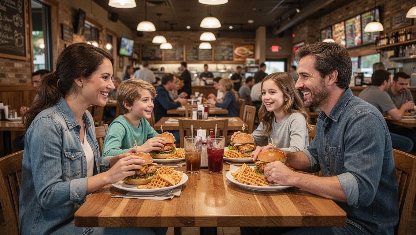 Busy casual restaurant interior with families eating chicken sandwiches and waffle fries at wooden tables, featuring a welcoming atmosphere and soft overhead lighting in photorealistic style. Bold 'Family Favorites' headline in title case sans-serif font over a green horizontal band.