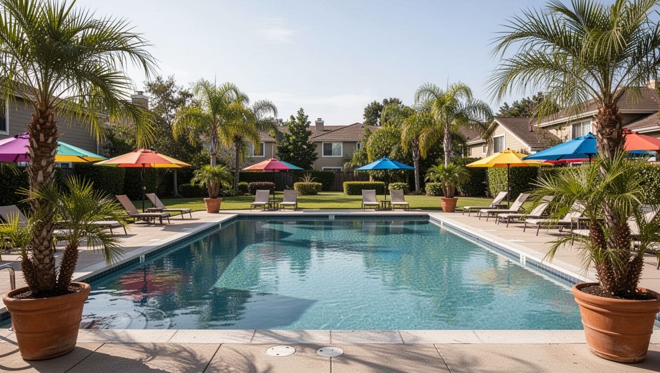 Outdoor hotel swimming pool with lounge chairs, colorful umbrellas, and potted palms in a lush green suburban Alabama yard, featuring calm blue water and a relaxed resort vibe under bright sunny afternoon light.
