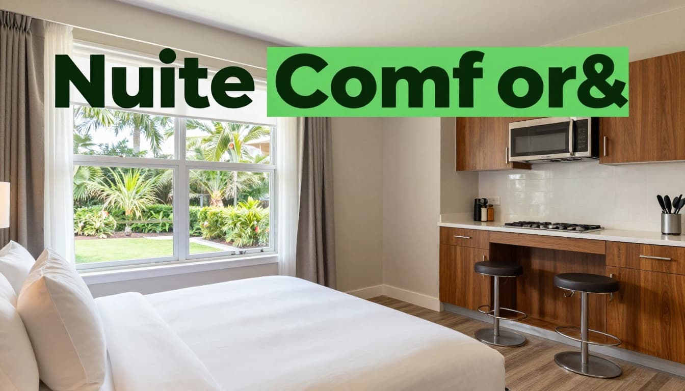 Cozy hotel suite interior in Daphne with king bed, fresh linens, kitchenette counter, window view of greenery, and warm natural light. Features bold 'Suite Comfort' headline in edge-to-edge green band.