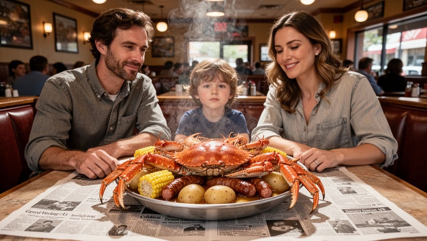 A family of two adults and one child relaxes around a central seafood boil platter with crab legs, corn, potatoes, and sausage on a newspaper-lined table in a lively restaurant interior. Photorealistic wide composition with bright lighting and a bold 'Seafood Alt' headline in green banner at the top.