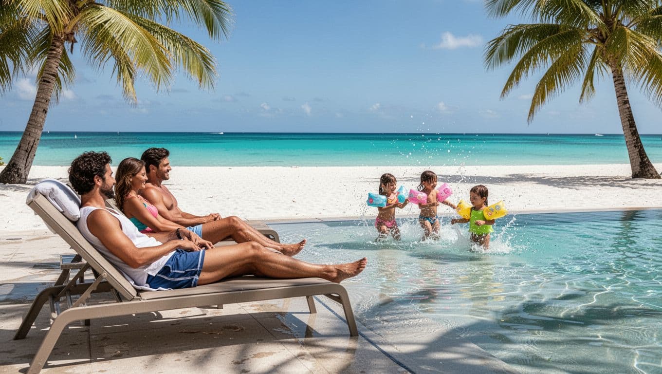 A family of four enjoys a sunny afternoon at a hotel pool near a white sand beach with palm trees, kids splashing in the shallow end with floaties while parents lounge on chairs in vibrant turquoise water.