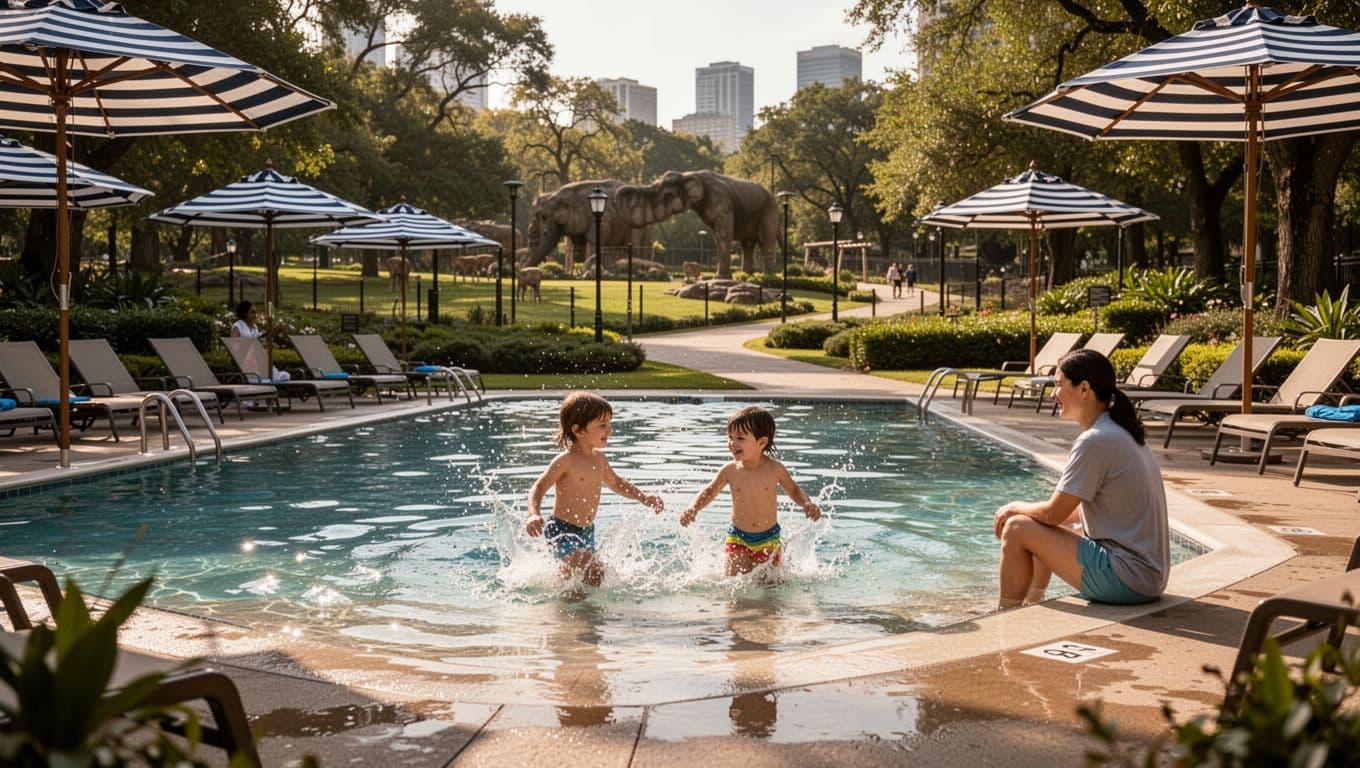 Photorealistic exterior view of a hotel pool in a sunny city park near the zoo, featuring two kids playing safely in the shallow end with one parent supervising, lounge chairs and umbrellas around, and a green top band with 'Pool Time' headline.