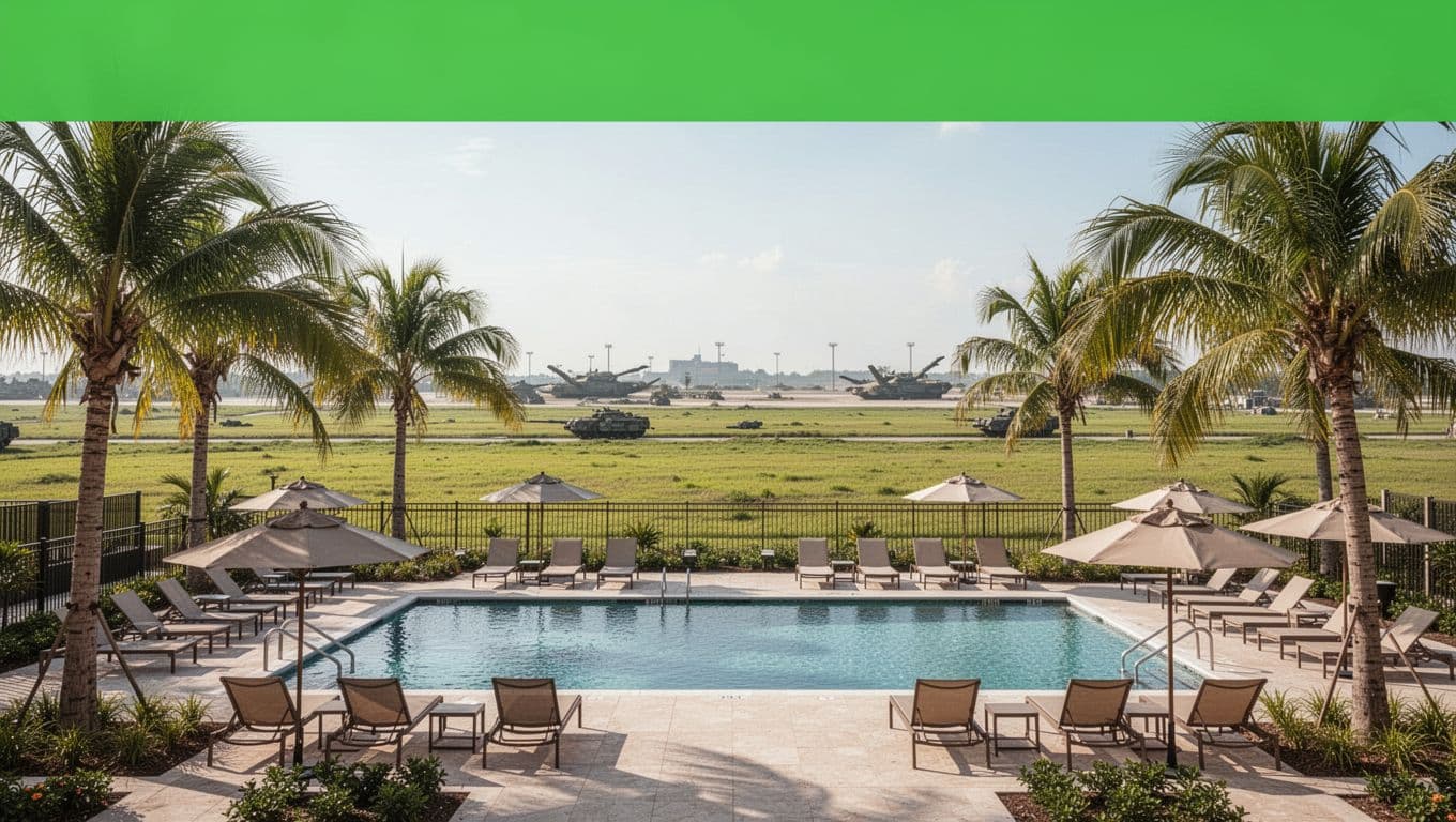 Outdoor hotel pool area with lounge chairs, umbrellas, and palm trees under bright sunny light, green fields hinting at nearby military base, featuring bold 'Family Pool' headline in green band.