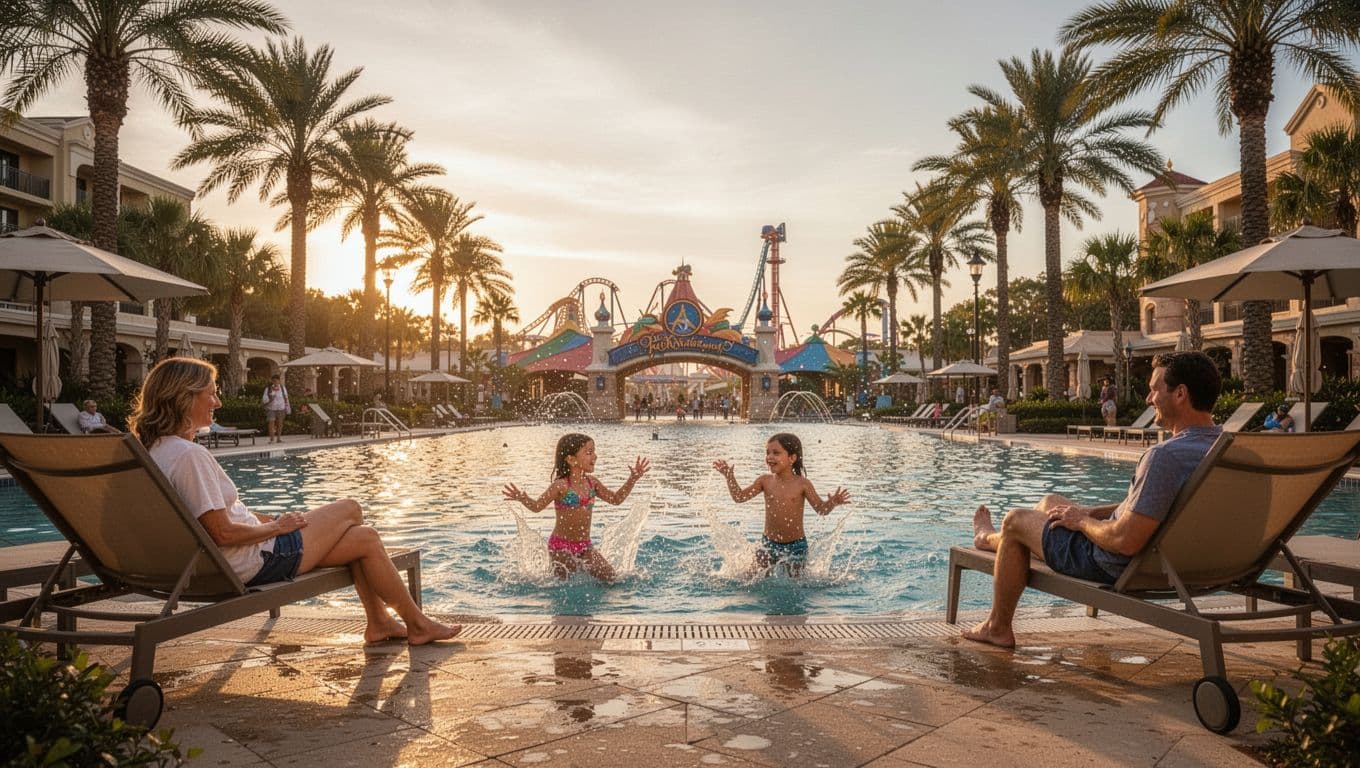A family of two adults and two children relaxes at an outdoor hotel pool during golden hour sunset, near a theme park entrance with palm trees in the background. Kids splash playfully while parents watch from lounge chairs, capturing a perfect vacation vibe.