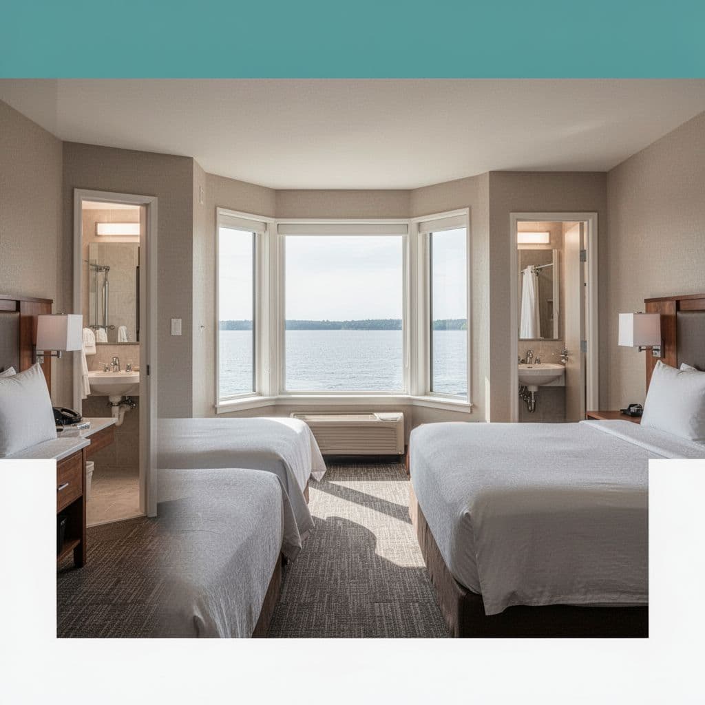 Spacious family hotel room with two queen beds, open clean bathroom, bay window overlooking water, and simple decor under soft natural light. Features a green top band with 'Family Picks' headline.