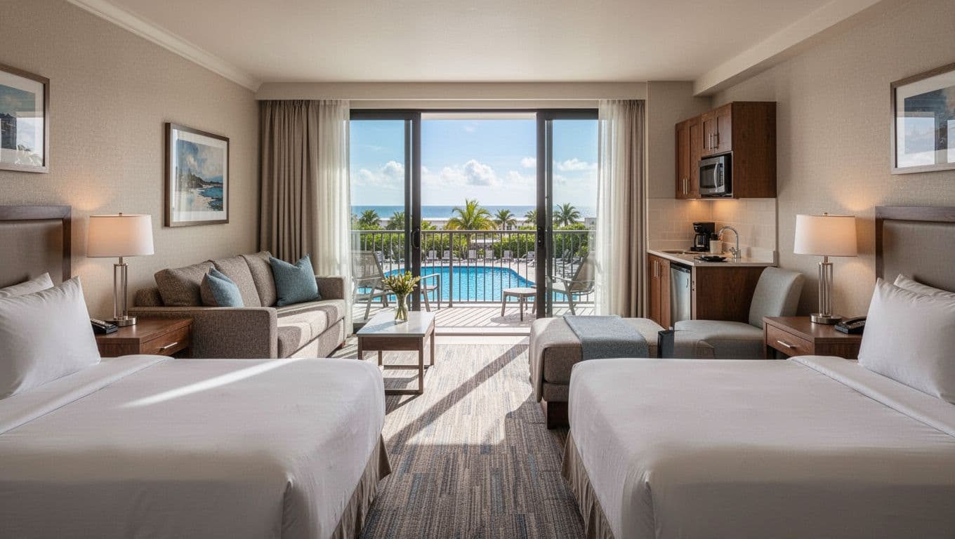 Spacious hotel suite with two queen beds, sofa, kitchenette, and balcony pool view under green Family Suites header band.