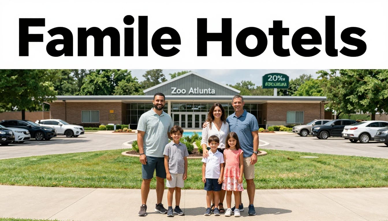 A family of four smiles outside a modern hotel entrance near Zoo Atlanta, with green trees, zoo sign, parking lot, and pool in the background under bright daylight. Top horizontal green band features 'Family Hotels' headline.
