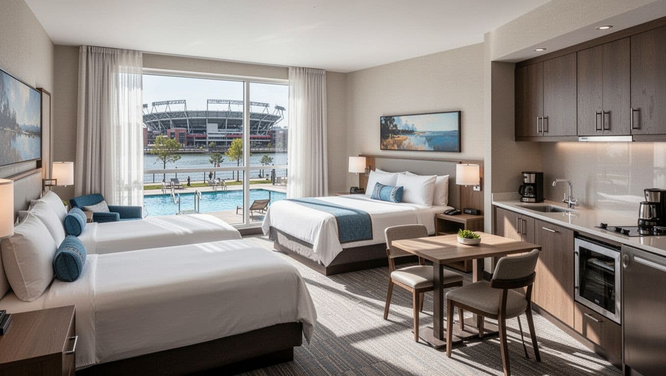 Cozy modern hotel suite room suitable for families, featuring two queen beds, kitchenette, breakfast area, and window views of pool and riverwalk path near stadium. Realistic photo with bold 'Family Picks' headline in green band at top.