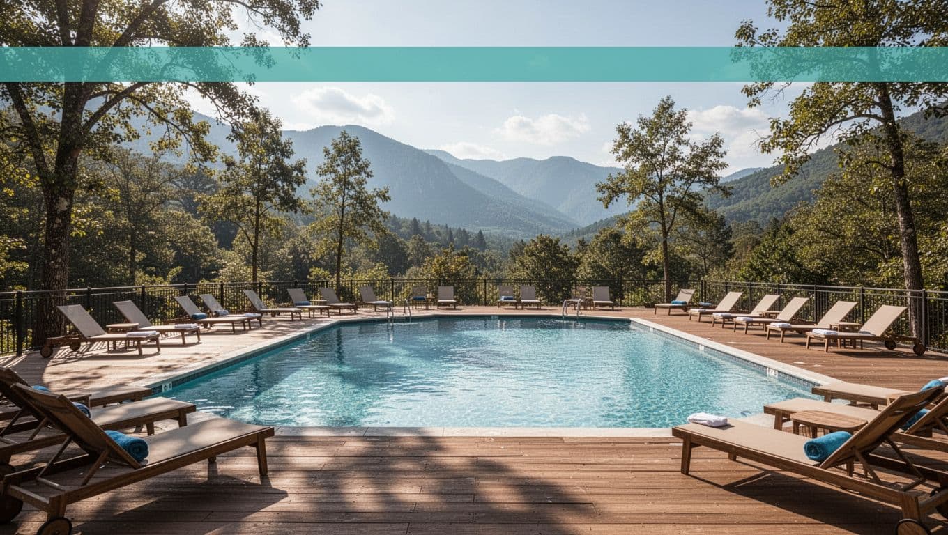 Family pool area at a wooded hillside mountain resort near Amicalola Falls, featuring lounge chairs, trees, and a sunny deck in wide landscape composition. Bold editorial style with edge-to-edge green header band and 'Resort Pool' headline.