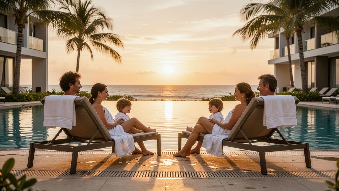 Modern hotel pool area at sunset near Destin beach featuring a family of four relaxing poolside with lounge chairs, palm trees, and distant ocean view.