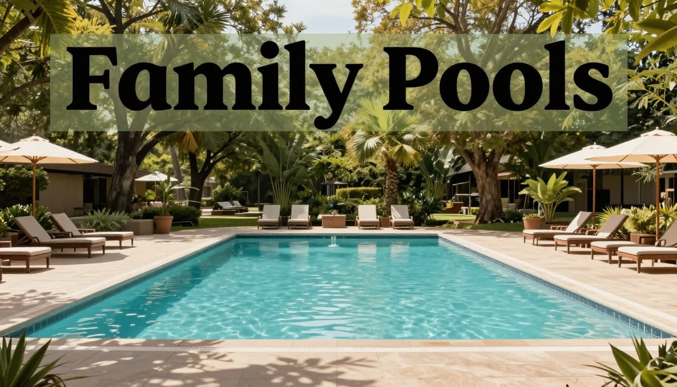 Inviting hotel outdoor pool area surrounded by trees in a park-like setting, featuring lounge chairs and shimmering water reflections under bright sunlight. Photorealistic landscape with warm natural lighting and no people visible.