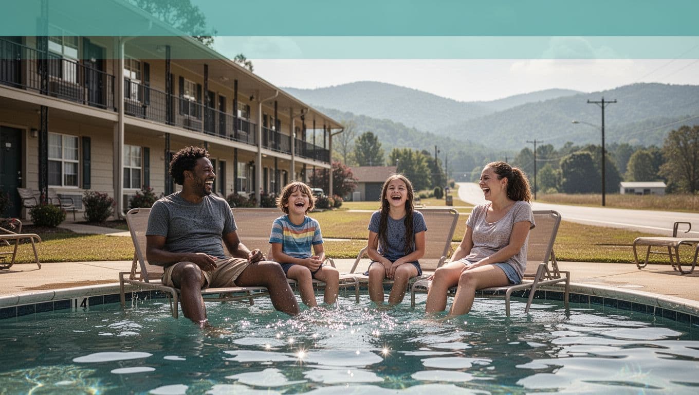 Photorealistic landscape scene of a family with two adults and two children enjoying a sunny day by an outdoor pool at a roadside hotel near Alabama mountains, featuring relaxed poolside loungers, hotel building behind, and distant hills with a top green 'Family Picks' headline band.