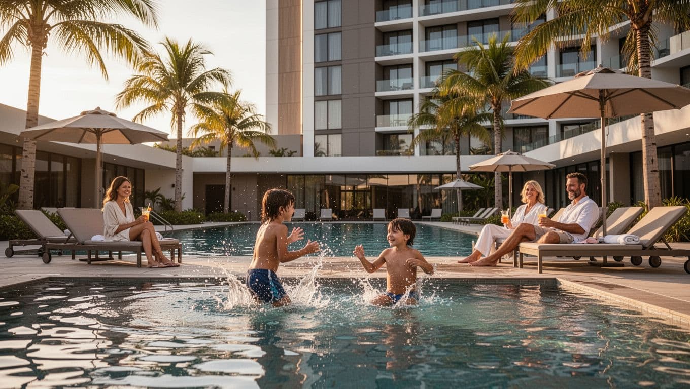 A happy family of four relaxes poolside at a modern hotel outdoor pool after a whitewater adventure day, with kids splashing in the shallow end and parents lounging with drinks under warm golden hour lighting.