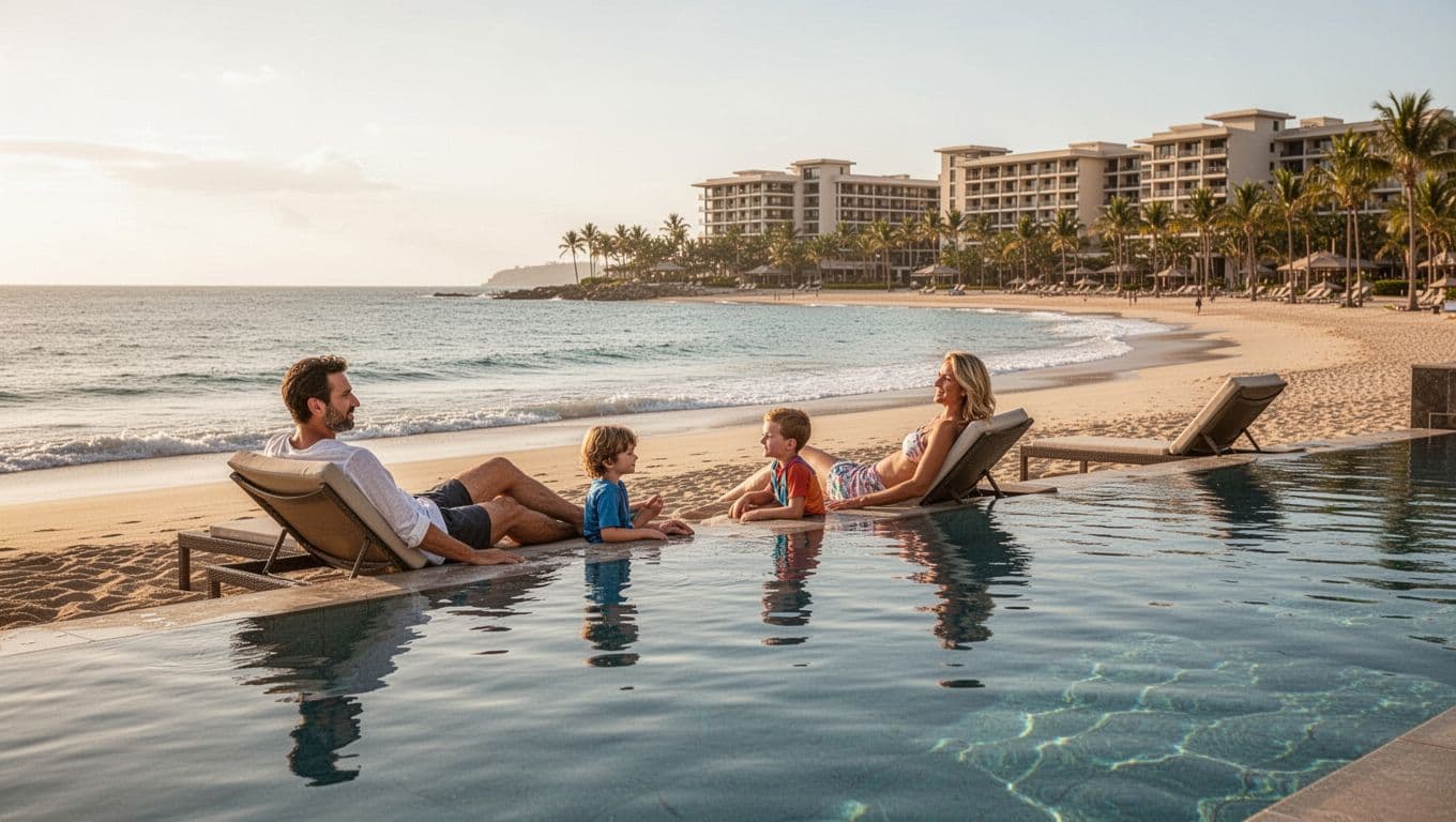 Relaxed family of two parents and two children enjoying poolside at Orange Beach resort infinity pool with ocean view in background, warm afternoon sunlight tones, bold 'Family Stays' headline in green band.