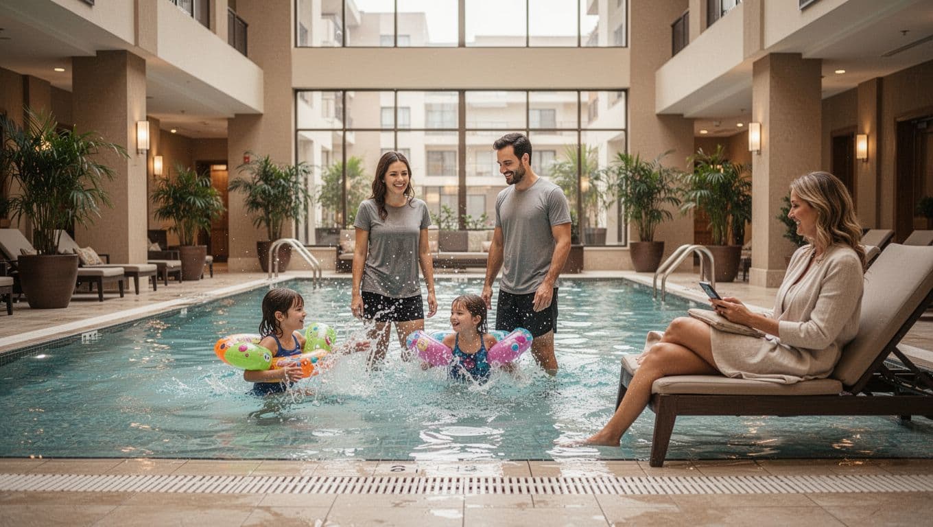 A family of four relaxes in a cozy modern hotel's indoor swimming pool atrium, with kids aged 8-12 splashing playfully in the shallow end using floaties, one parent smiling in the water and the other lounging nearby on a chair checking their phone under warm soft lighting and large windows.
