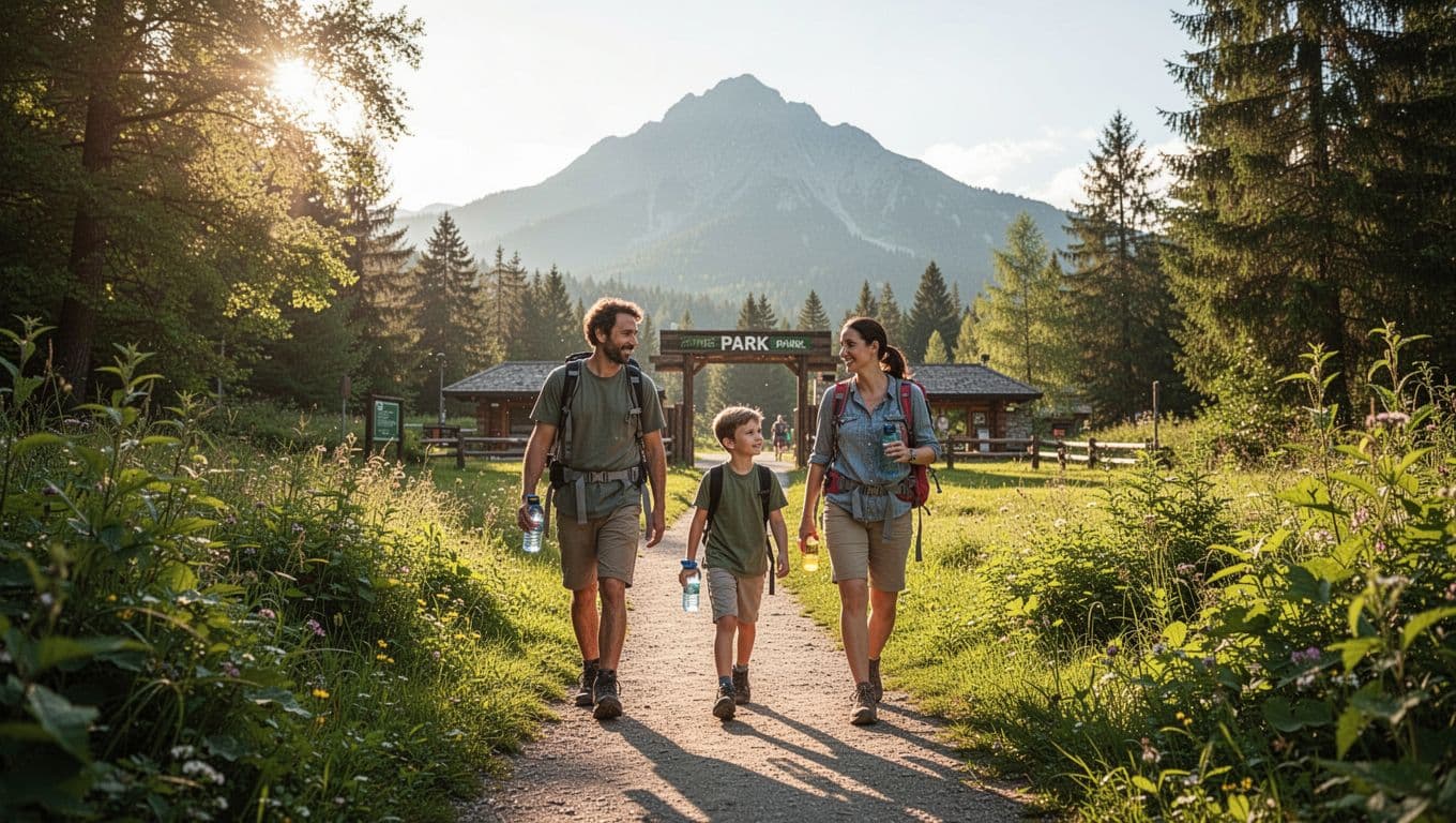 A family of four walks a short, lush green path from their hotel to the Stone Mountain Park entrance on a sunny morning, carrying backpacks and water bottles with relaxed strides. The scene emphasizes easy access with the mountain ahead and no other people or vehicles visible.