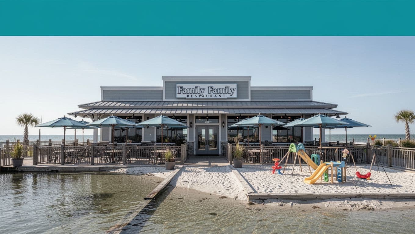 Green header band with 'Family Spots' above beachside restaurant facade, umbrellas, sandy play area, and Gulf waters.