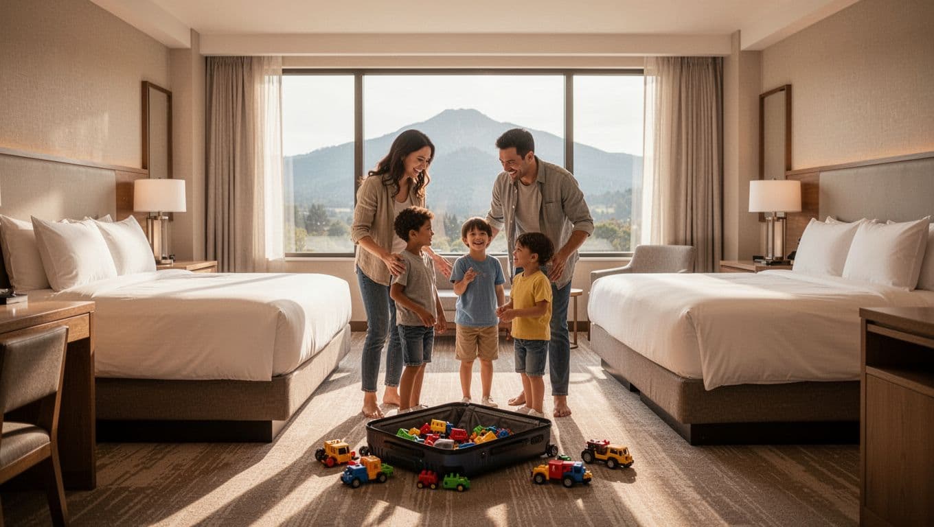A family of four unpacks suitcases in a cozy modern hotel room with two queen beds, mountain view window, and kids' toys scattered on the floor. Parents smile warmly at their children under bright natural light and warm tones, featuring a bold 'Family Stay' headline.