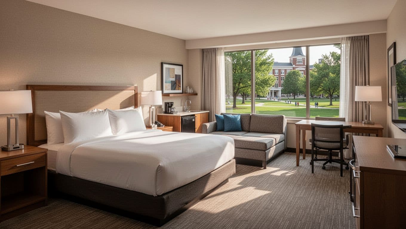 Spacious family suite interior near Birmingham University with king bed, sofa bed, kitchenette, table, and green campus view window, in warm natural light and modern style, topped with bold 'Family Stays' green headline band.