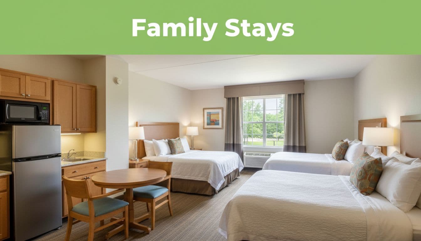 Cozy family hotel suite interior in Decatur, Alabama, featuring a clean kitchenette with fridge, microwave, and table, two queen beds in the bedroom area, soft natural light from a window overlooking a green area, designed as a welcoming home-like space.