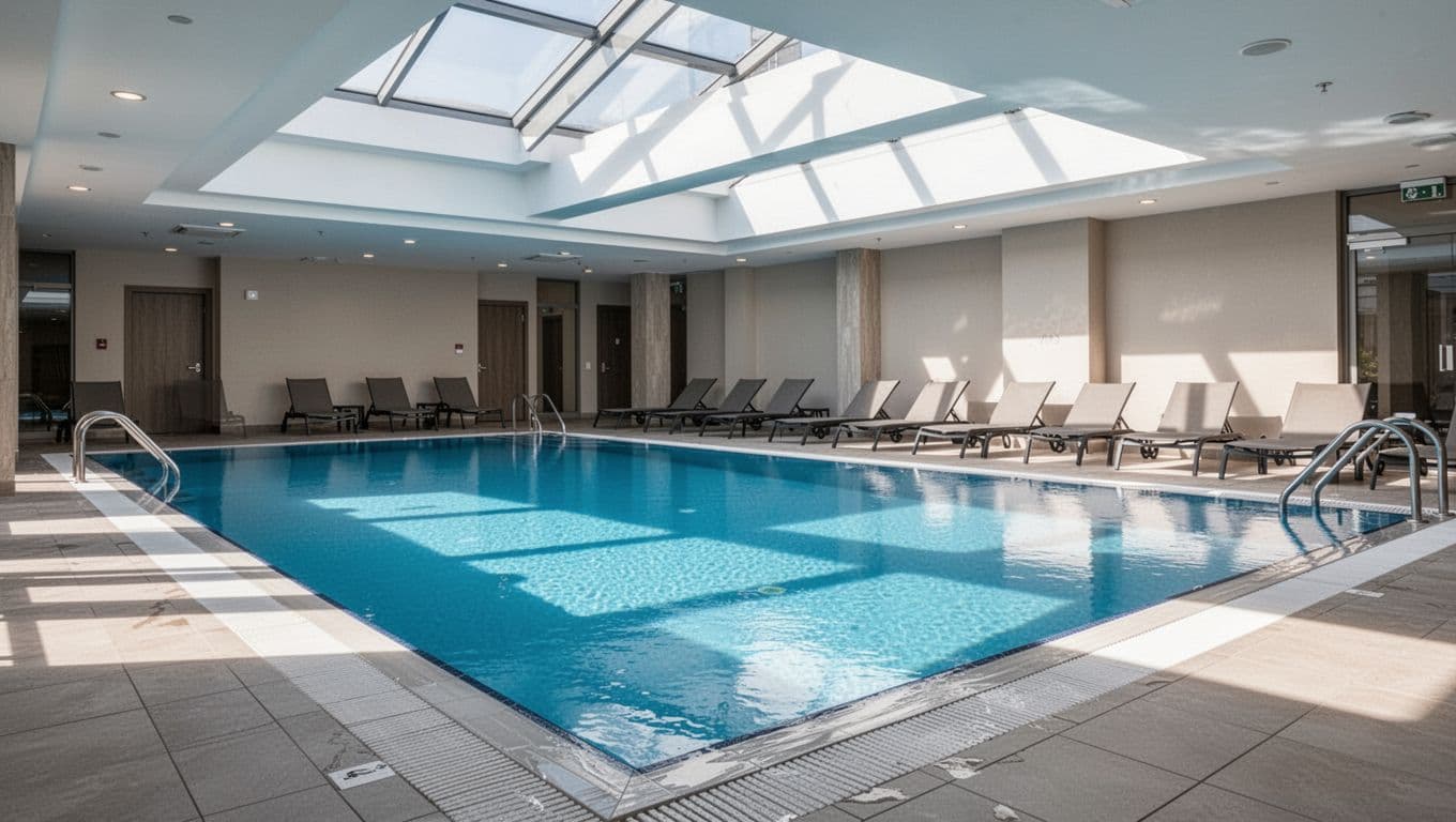 Inviting indoor hotel pool area with clear blue water and lounge chairs in a family-friendly setting, featuring natural indoor lighting and realistic photo style with empty space.
