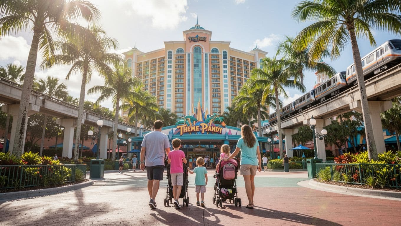 A family of four with strollers walks relaxed toward the Magic Kingdom entrance from a nearby hotel in bright Florida morning light. Wide landscape view includes palm trees, monorail track, and hotel in background with bold 'Family Stays' headline on green band.