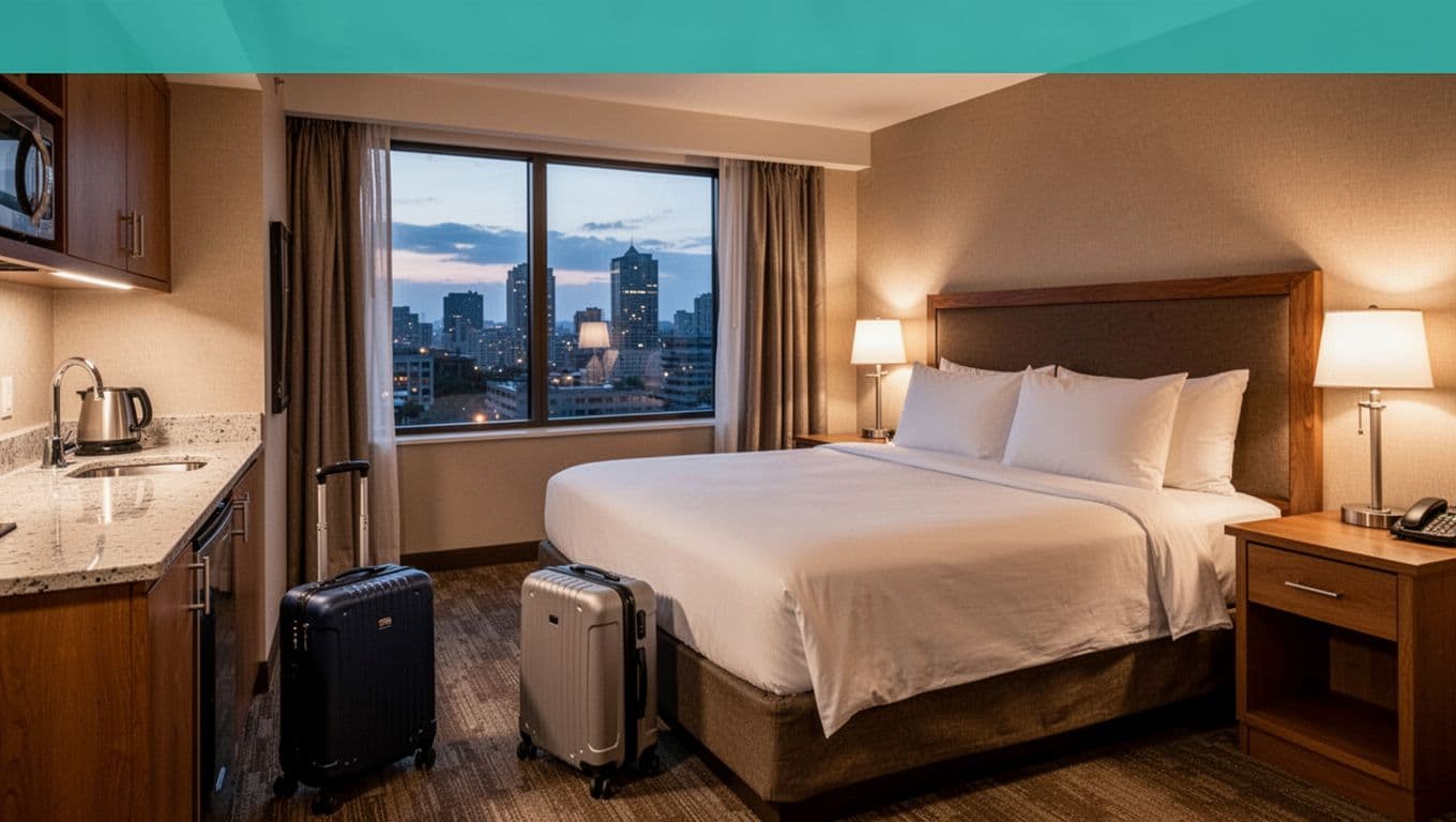 Bold branded editorial image of a cozy family-suited hotel room interior near the arts district, featuring a king bed with fresh linens, small kitchenette counter, suitcase on floor, and window view of city skyline at dusk with soft warm lighting.