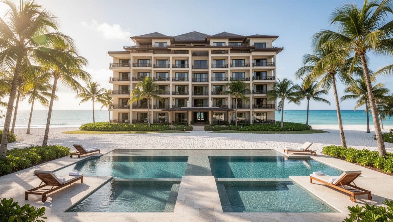 Photorealistic exterior of Embassy Suites by Hilton Gulf Shores Beach Resort featuring family suites area with two outdoor pools in the foreground, white sand beach, ocean, and palm trees under sunny afternoon light.