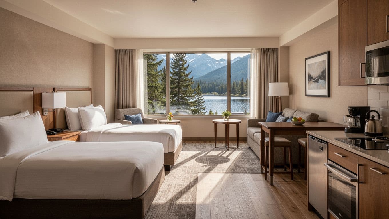 Spacious hotel suite room interior for families with two queen beds, sofa, kitchenette table, and window view of trees and lake from Oak Mountain area. Clean modern decor, warm lighting, wide-angle realistic photo topped with bold 'Family Suites' headline.