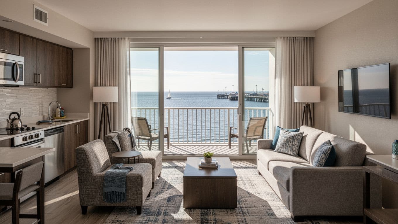 Cozy family room interior in a condo-style hotel near Orange Beach wharf with balcony view to water, kitchenette, living area, modern clean design, natural daylight, photorealistic, no people.