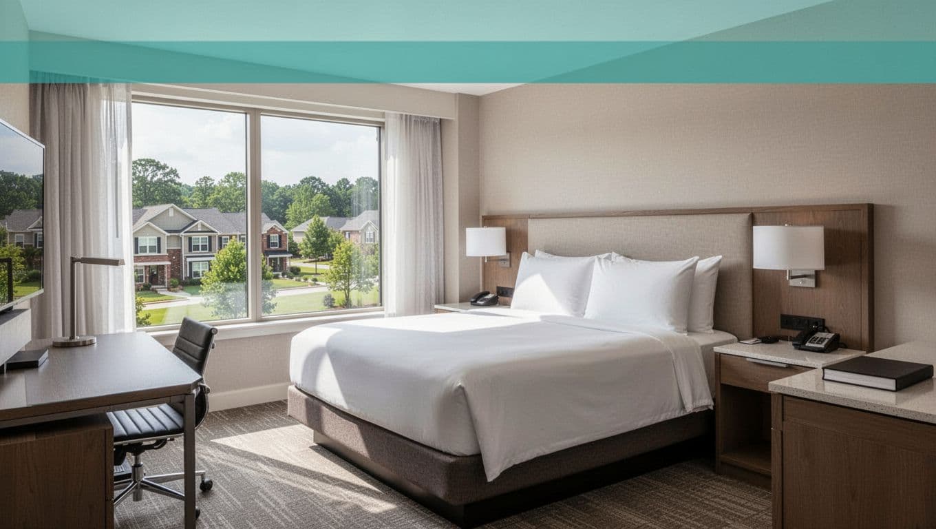 Modern hotel suite with king bed, work desk, and amenities table, featuring a suburban window view of green Alabama landscape, topped with a bold 'Family Suites' headline band.
