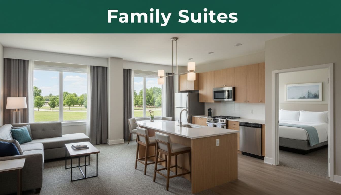 Spacious apartment-style hotel suite interior featuring full kitchen, living area sofa, and open bedroom door revealing queen beds, bathed in soft natural daylight with large windows overlooking a green lawn.
