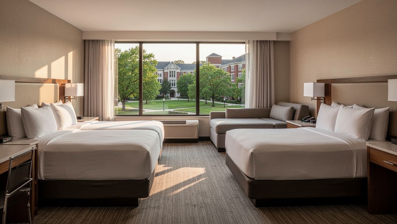 Spacious hotel suite with two queen beds, sofa, and window overlooking university campus greenery, bathed in soft morning light, clean modern interior.