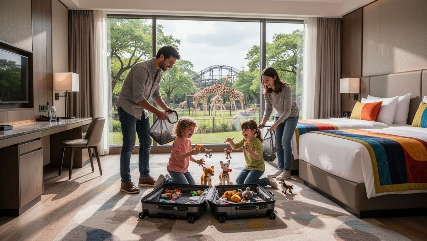 A family of four unpacks suitcases in a spacious modern hotel room with a zoo view, featuring excited kids with animal toys, colorful bedding, and natural daylight.