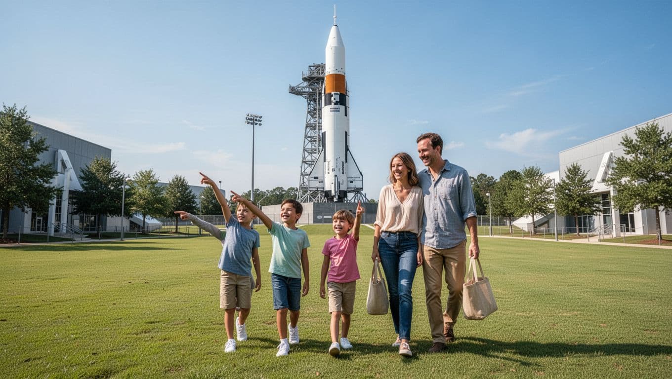 A family of four excitedly walks towards the iconic Saturn V rocket exhibit at the U.S. Space and Rocket Center in Huntsville, Alabama, on green lawns under a clear blue sky on a sunny day. Top edge-to-edge horizontal band with headline 'Walk to Camp' in bold sans-serif.