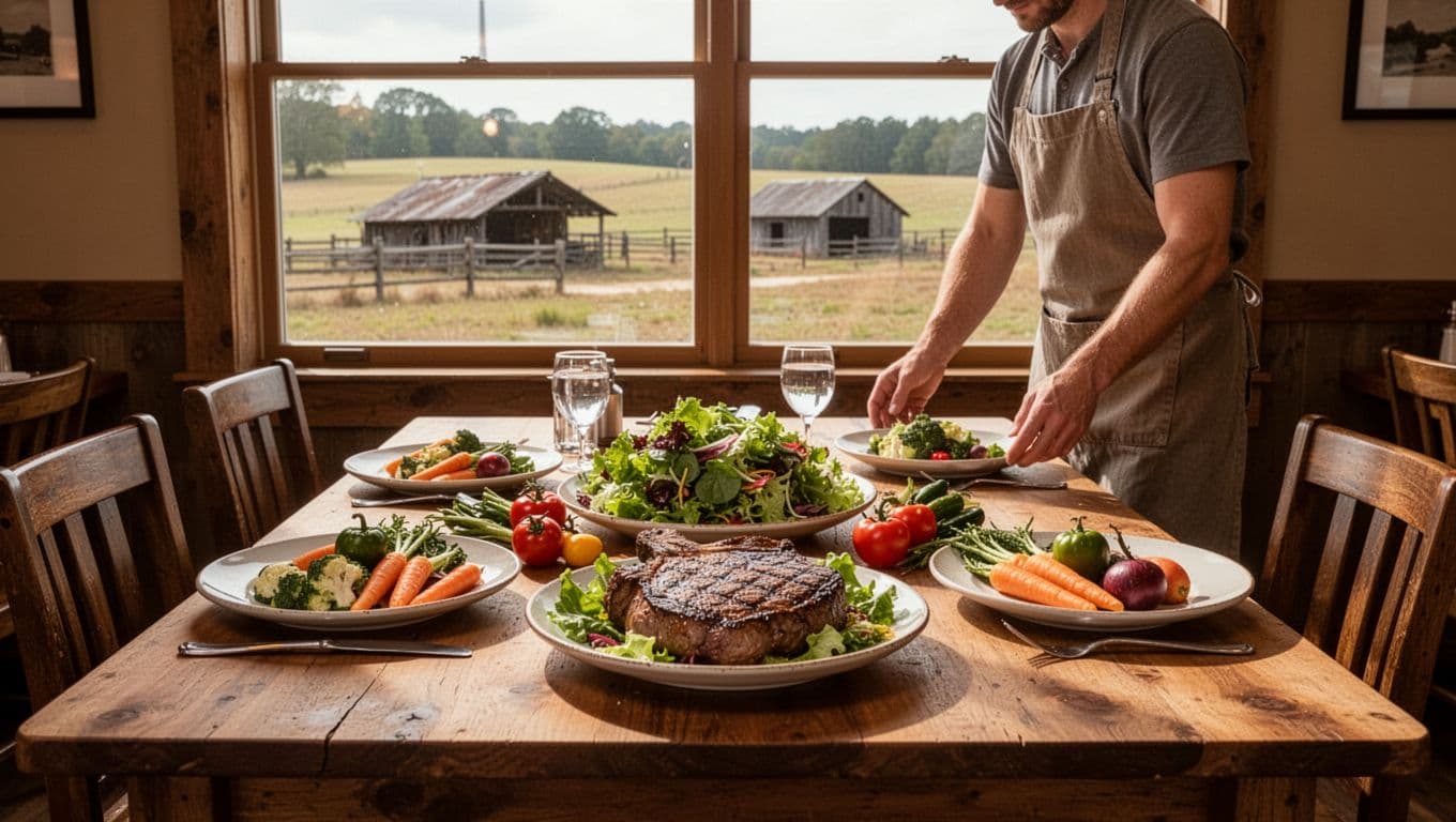Wooden table with fresh salad, grilled meat, vegetables under warm light; server in background, farm view outside, green 'Farm Fresh Eats' banner at top.