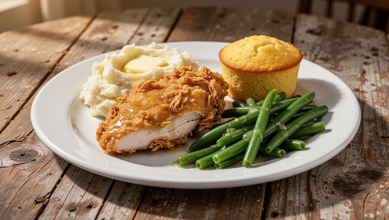 White plate with fried chicken breast, mashed potatoes, green beans, and cornbread on wooden table under green Farmhouse Feast headline.